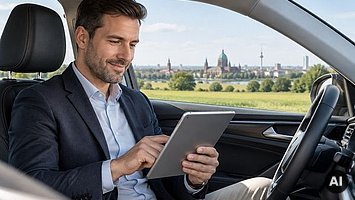 Vertriebsmitarbeiter (m/w/d) für Raum Hannover gesucht Ein Vertriebsmitarbeiter sitzt mit iPad im Auto. Im Hintergrund sind Gebäude der Stadt Hannover zu sehen.