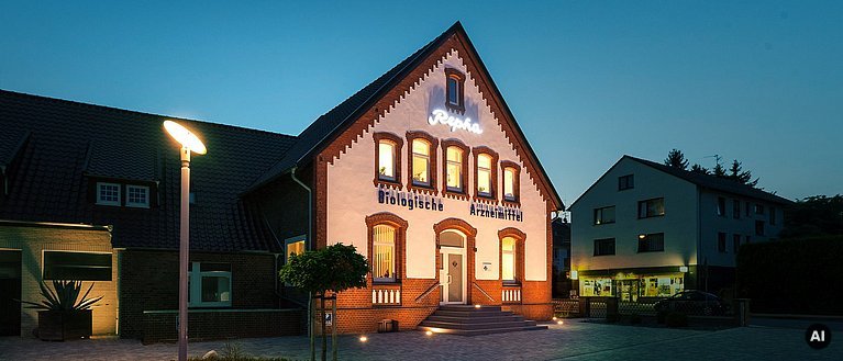 Hier sieht man ein Foto des Repha-Firmengbäudes in Alt-Godshorn 87 in der Nacht.