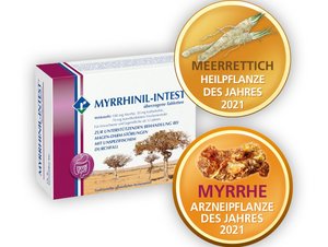 Hier ist ein Composing aus einer Packung MYRRHINIL-INTEST und den Buttons für Arzneipflanze und Heilpflanze des Jahres 2021 zu sehen.
