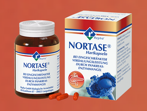 Hier sieht man NORTASE®, das ist ein Enzympräparat, das bei einer Verdauungsschwäche infolge eines Mangels an Verdauungsenzymen der Bauchspeicheldrüse (Pankreas) eingesetzt wird.