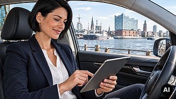 Vertriebsmitarbeiter (m/w/d) für Raum Hamburg gesucht Eine Vertriebsmitarbeiterin sitzt mit iPad im Auto. Im Hintergrund sind Gebäude der Stadt Hamburg zu sehen.