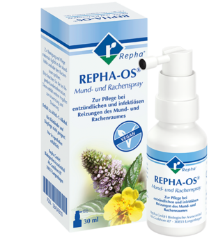 Hier sieht man das pflanzliche REPHA-OS Mundspray, dass verschiedene Heilpflanzen wie Myrrhe, Blutwurz und Minze enthält. Es hilft bei Mundgeruch, für gesunde Zähne und pflegt den Mund- und Rachenraum.