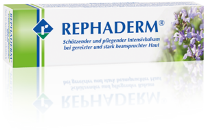 REPHADERM® REPHADERM® ist ein schützender und pflegender Balsam bei gereizter und stark beanspruchter Haut. Es enthält die pflanzlichen Wirkstoffe: Salbei, Bitterem Beifuß, Rosmarin, Sonnenhut und Myrrhe.
