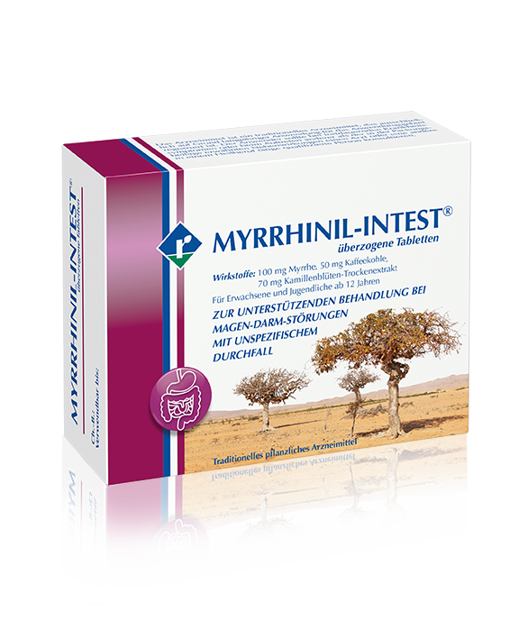 MYRRHINIL-INTEST® ist aufgrund seiner Dreifach-Wirkstoffkombination einzigartig: Myrrhe, Kaffeekohle und ein Trockenextrakt aus Kamillenblüten.