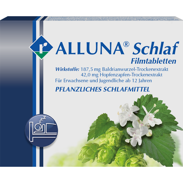 ALLUNA® Schlaf ist ein pflanzliches Arzneimittel gegen Schlafprobleme. Die Wirkstoffe sind Baldrian und Hopfen.